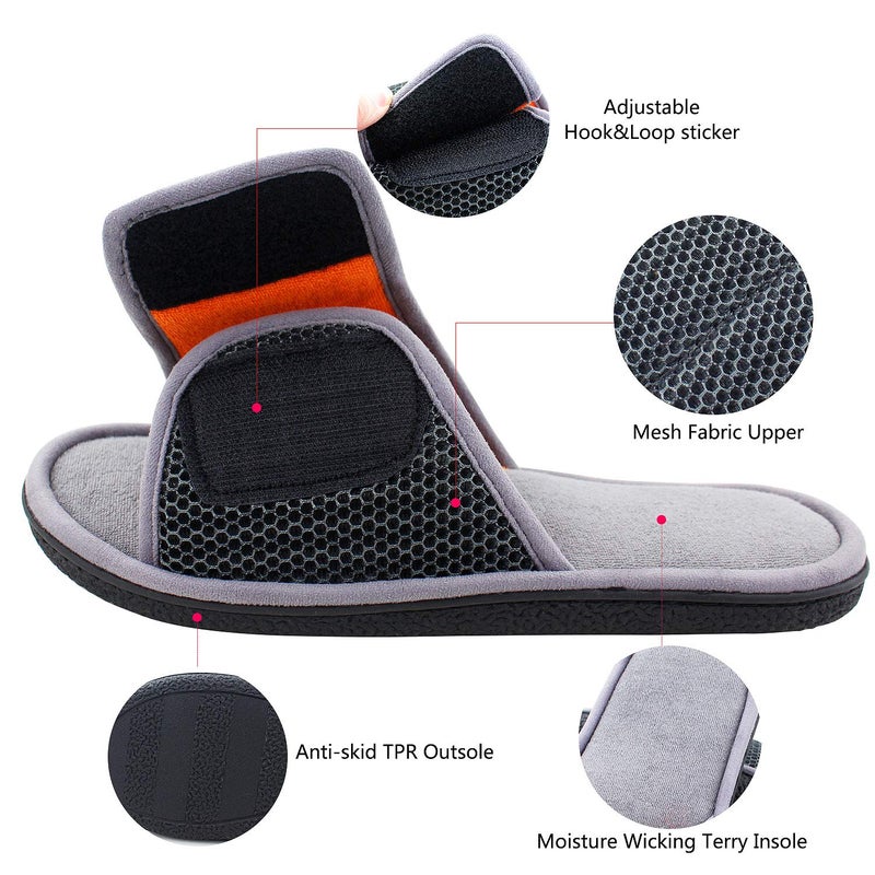 WALKFUN Adjustable House Slippers for Men Open Toe Breathable Indoor Slip on Mens Slides Sandals with Memory Foam for Bedroom,Patio(9-10,Grey) - Image 3